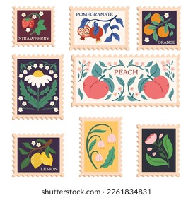 Modern Stamps with Fruits and Flowers Designs. Postmarks With Pomegranate, Orange Or Mandarin, Strawberry, Lemon for Everyday Use And Adding Unique Touch To Mail. Cartoon Vector Illustration