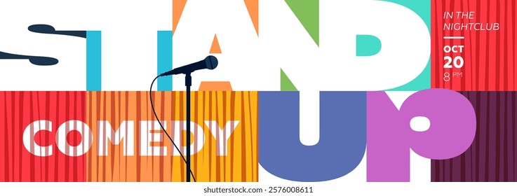 Modern stand up comedy horizontal banner with bold geometric elements featuring microphone and stage curtain. Perfect for promoting live events, open mic nights and entertainment shows.