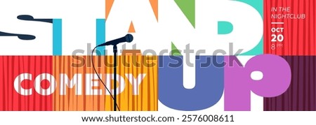 Modern stand up comedy horizontal banner with bold geometric elements featuring microphone and stage curtain. Perfect for promoting live events, open mic nights and entertainment shows.
