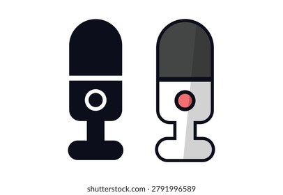 A modern standalone desktop microphone used for podcasting, streaming, or recording. Features a clear black and white outline version next to a dark grey and white colored model with red button accents.