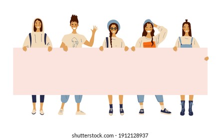 Modern standing female students hold placard with copy space. Concept illustration of feminism, March 8, girl power. Flat vector characters isolated on white background
