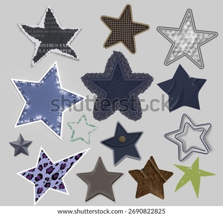 Modern star collage set with textured patterns and denim fabric frames for digital scrapbooking or decoration elements. Burst shapes with leopard print and glitter details for craft project or sticker