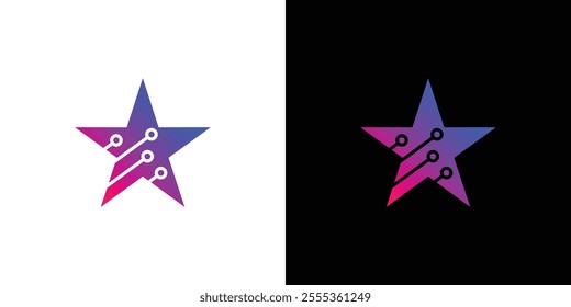 A modern star logo featuring a gradient color scheme and circuit design, displayed on contrasting backgrounds. Ideal for technology, innovation, and digital branding concepts.