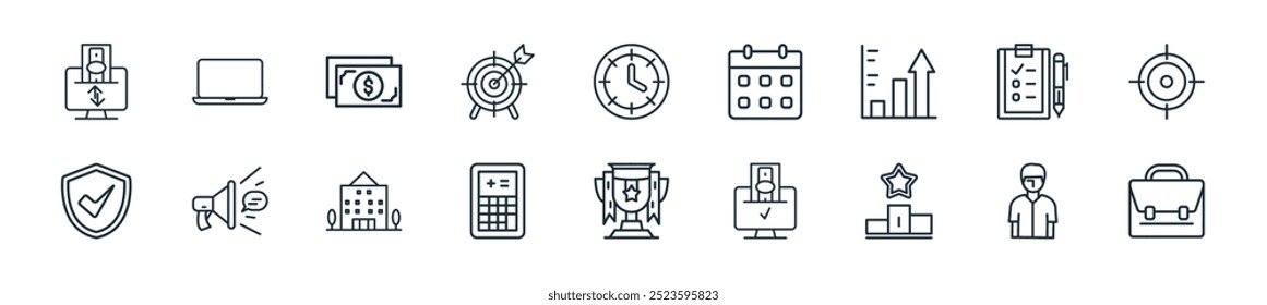 modern start up icon pack. perfect for linear ui designs featuring vector briefcase, man, ranking, money transaction, trophy, calculator, office and more icons for mobile and web apps.
