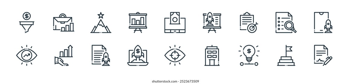 moderno startup business icon pack. perfeito para projetos de ui lineares com contrato vetor, bandeira, ideia, escritório, foco, inicialização, arquivo e mais ícones para aplicativos móveis e web.