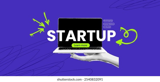 Modern startup concept collage with laptop and halftone elements. Vector illustration combines abstract graphics with business and technology themes, representing ideas, strategy.