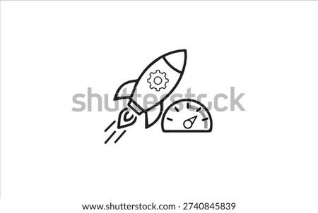 Modern startup concept icon with rocket ship, cogwheel and speedometer representing business acceleration. Flat illustrator vector file. High quality image