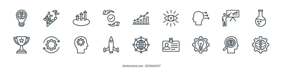 pacote de ícones de inicialização moderno. perfeito para projetos de iu linear com brainstorm vetor, controle do cérebro, ideia, identidade, rede, míssil, pensar e mais ícones para aplicativos móveis e web.