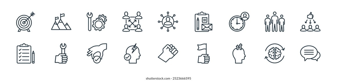 modern startup icon pack. perfect for linear ui designs featuring vector chat, brain, growth, mission, grip, idea, check and more icons for mobile and web apps.