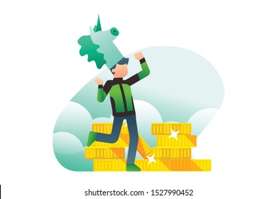 Modern Startup Illustration Vector With A Man Wearing Unicorn Horse Hat Dancing Happily Celebrating Success With Big Yellow Gold Money Coins Background