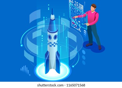 Modern startup infographic. Startup corporate enterprise concept. Entrepreneur success and income service project. Rocket launch, website development. Vector illustration with flat isometric character