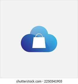 Logotipo moderno de inicio, ilustración de cohetes, nubes y compras.