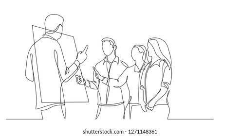 modern startup team members discussing near whiteboard - one line drawing