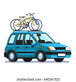 Modern station wagon car with two bicycles mounted on the roof rack. Flat style vector illustration isolated on white background.