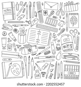 Modern stationary items set, various brush and calligraphy pens, notebook with bookmark, scissors, supplies collection, isolated objects on white background, vector illustrations