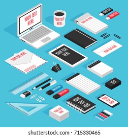 Modern stationary writing materials with laptop tablet notepad pens pencils envelope mockup isometric templates set vector illustration 