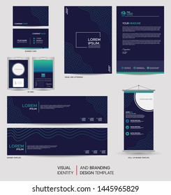 Modern stationery mock up set and visual brand identity with abstract colorful dynamic background shape. Vector illustration mock up for branding, cover, card, product, event, banner, website. 