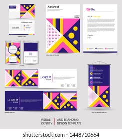 Modern stationery mock up set and visual brand identity with abstract colorful geometry background shape. Vector illustration mock up for branding, cover, card, product, event, banner, website. 