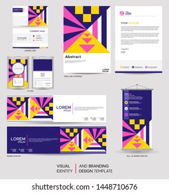 Modern stationery mock up set and visual brand identity with abstract colorful geometry background shape. Vector illustration mock up for branding, cover, card, product, event, banner, website. 