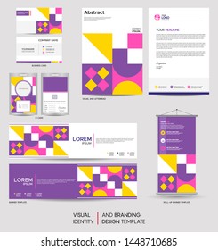 Modern stationery mock up set and visual brand identity with abstract colorful geometry background shape. Vector illustration mock up for branding, cover, card, product, event, banner, website. 