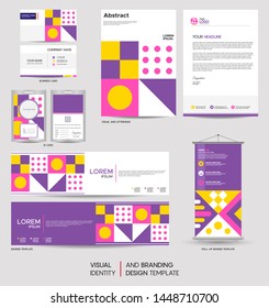 Modern stationery mock up set and visual brand identity with abstract colorful geometry background shape. Vector illustration mock up for branding, cover, card, product, event, banner, website. 
