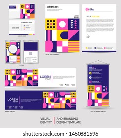 Modern stationery mock up set and visual brand identity with abstract colorful geometry background shape. Vector illustration mock up for branding, cover, card, product, event, banner, website. 