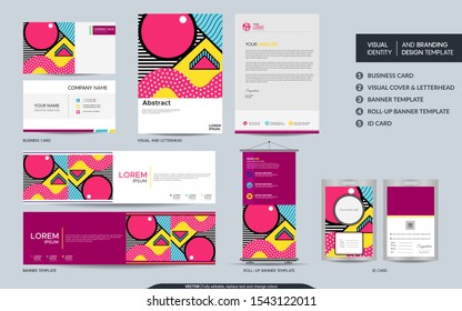 Modern stationery mock up set and visual brand identity with abstract colorful geometry background shape. Vector illustration mock up for branding, cover, card, product, event, banner, website. 