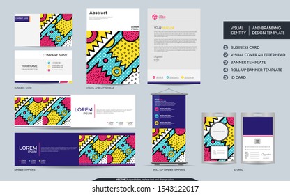 Modern stationery mock up set and visual brand identity with abstract colorful geometry background shape. Vector illustration mock up for branding, cover, card, product, event, banner, website. 