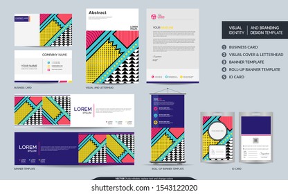 Modern stationery mock up set and visual brand identity with abstract colorful geometry background shape. Vector illustration mock up for branding, cover, card, product, event, banner, website. 