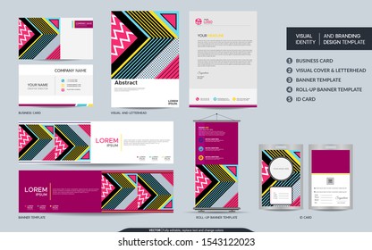 Modern stationery mock up set and visual brand identity with abstract colorful geometry background shape. Vector illustration mock up for branding, cover, card, product, event, banner, website. 