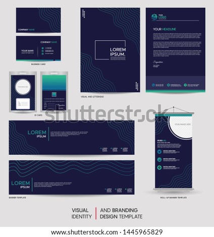 Modern stationery mock up set and visual brand identity with abstract colorful dynamic background shape. Vector illustration mock up for branding, cover, card, product, event, banner, website. 
