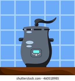 Modern steamer pot. Vector illustration in flat style. Steam food boiler. Small house appliance. Kitchen machine. Breakfast or lunch cooking. Cartoon style square image for modern home