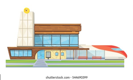 Modern steel glass railway station building front view flat image with speed intercity train vector illustration 