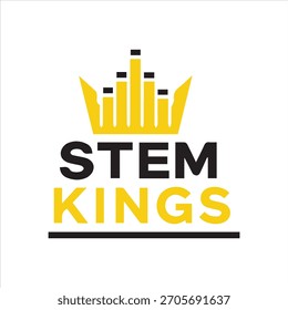 Un diseño moderno del logotipo de STEM Kings con una audaz corona dorada hecha de Elementos de barras de Vertical que simbolizan la ciencia, la tecnología, la ingeniería y las matemáticas. El texto “STEM KINGS” se muestra en fuerte 