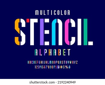 Modern stencil alphabet design with uppercase, numbers and symbols