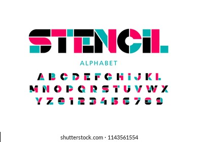 Modern Stencil Font, Alphabet Letters And Numbers Vector Illustration