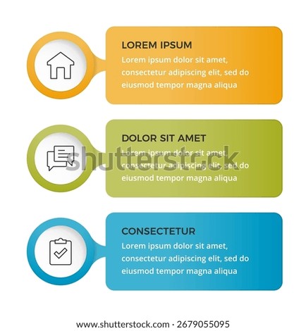 Modern step by step infographic template with three elements with icons and text blocks