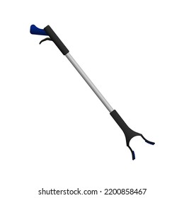 Modern stick grabber. Aluminum device with blue automatic handle and tongs for collecting garbage from street and vector yard