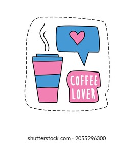 Una pegatina moderna - café para ir. Taza de café y signo similar. Pegatina de amante del café para disan en rosa y azul