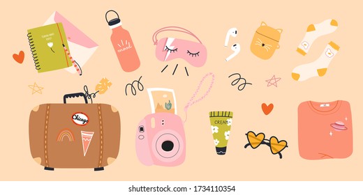 Modern sticker pack. Suitcase, wireless headphones, camera, socks, bottle.Vacation, holiday. Hand drawn vector set. Colorful trendy illustration. Cartoon style. Flat design. All elements are isolated.