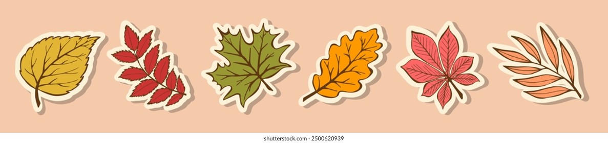 Modern Stickers autumn leaves in hand-drawn style. Bright Trendy Seasonal falling leaves of maple, birch, oak, rowan, willow, chestnut. Doodle Autumn Elements for poster, banner, social media, web.