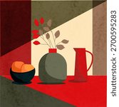 Modern still life boho flat vector bright red and green, illustration.Vase flora interior. Modern poster, banner, cover, social media content