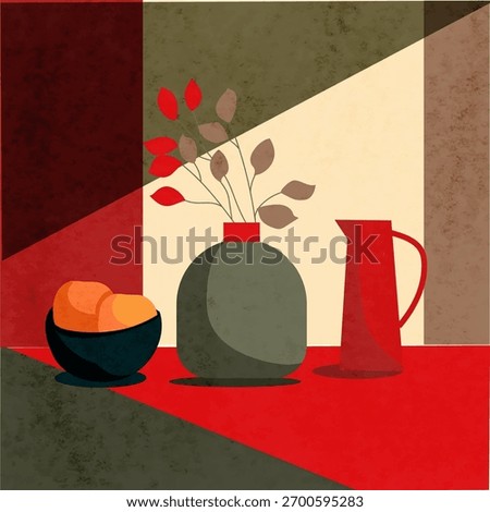 Modern still life boho flat vector bright red and green, illustration.Vase flora interior. Modern poster, banner, cover, social media content