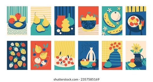 Modern still life paintings with different fruits, flower, utensils colorful interior backgrounds isolated set. Creative colored cover, picture, poster and wallpaper vector illustration drawing style