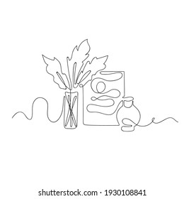 Modern still life of poster, clay pot and vase with plant-style line art. The illustration is created from a black continuous line on a white background. I take for the design of clothes, notebooks, p