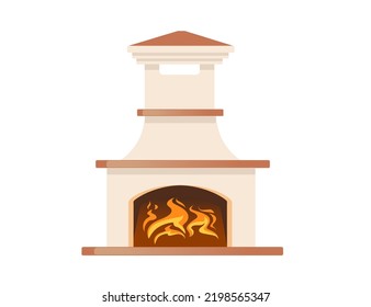 Modern stone fireplace with hot flame vector illustration isolated on white background