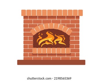 Modern stone fireplace with hot flame vector illustration isolated on white background