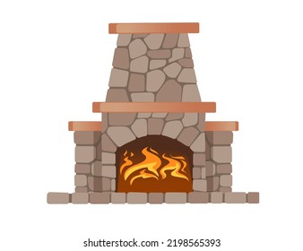 Modern stone fireplace with hot flame vector illustration isolated on white background