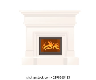 Modern stone fireplace with hot flame vector illustration isolated on white background