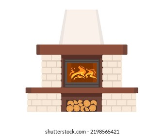 Modern stone fireplace with hot flame vector illustration isolated on white background